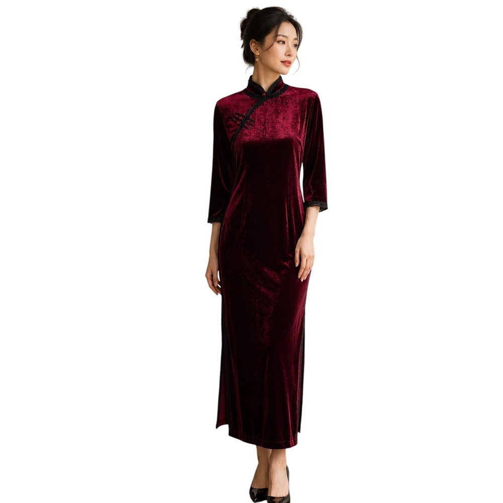 Burgundy Red Velvet‎ Long Qipao Dress Chinese style Cheongsam Slim Fit Evening M